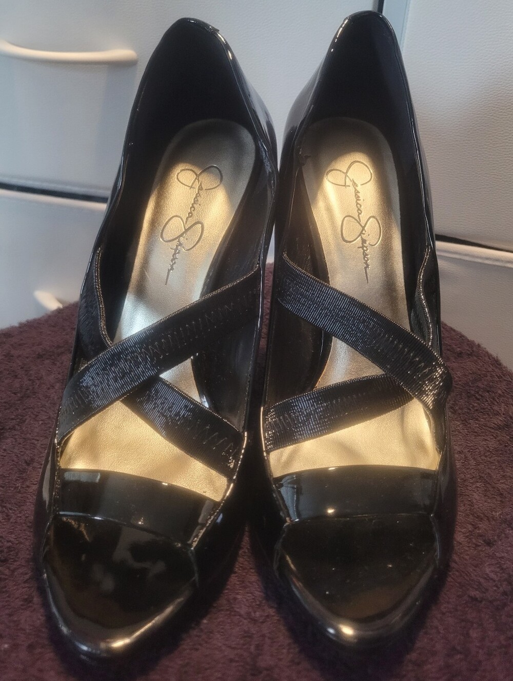 Black Patent Peep-Toe Pumps with Crisscross Elastic Straps